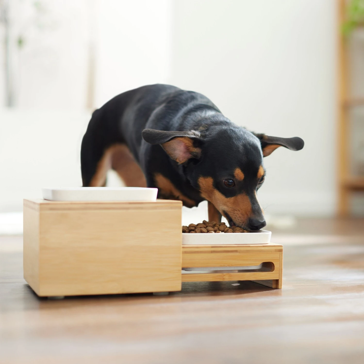 Frisco Elevated Non-Skid Bamboo Melamine Bowl Double Diner With Bamboo Stand - Image 3