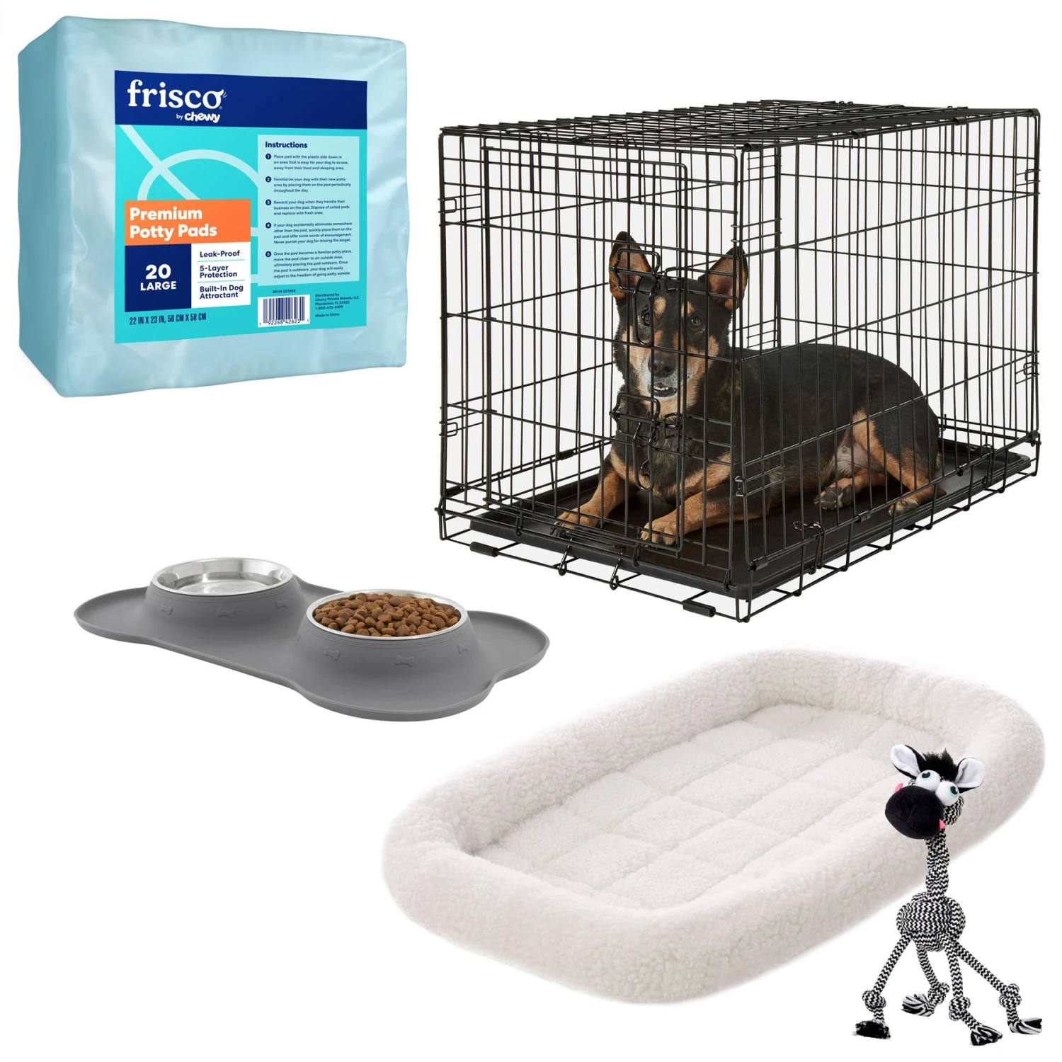 Frisco Fold & Carry Single Door Collapsible Wire Dog Crate + 4 Items