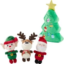 Frisco Holiday Santa's Helpers Plush Squeaky Dog Toy, 3 Count & Frisco Holiday Tree Thin Plush Squeaky Dog Toy